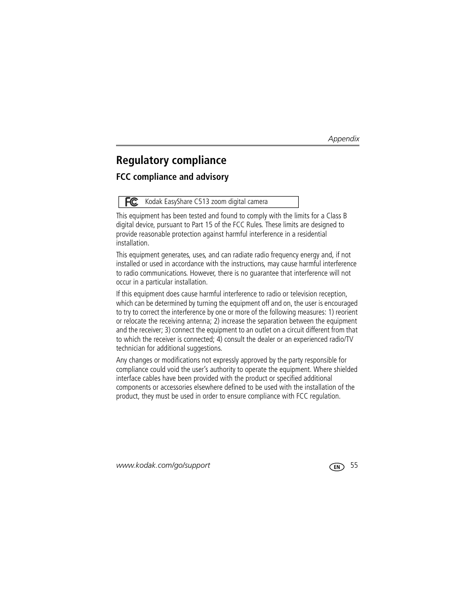 Regulatory compliance, Fcc compliance and advisory | Kodak C513 User Manual | Page 61 / 69
