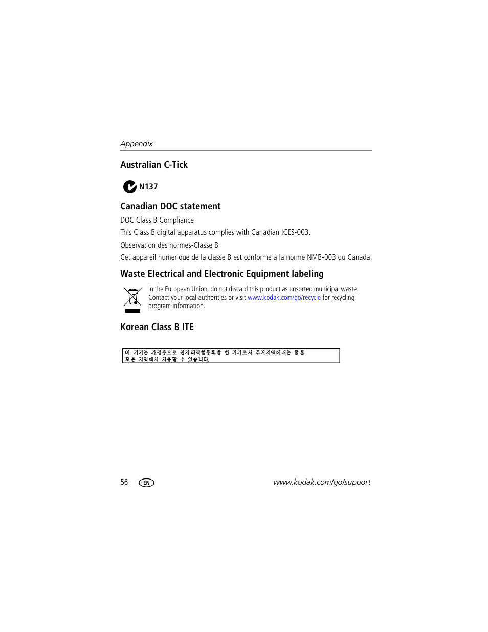 Australian c-tick, Canadian doc statement, Waste electrical and electronic equipment labeling | Korean class b ite | Kodak C513 User Manual | Page 62 / 69