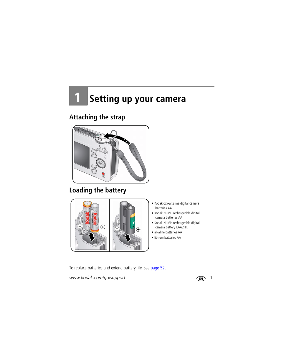 Setting up your camera, Attaching the strap, Loading the battery | 1 setting up your camera, Attaching the strap loading the battery | Kodak C513 User Manual | Page 7 / 69