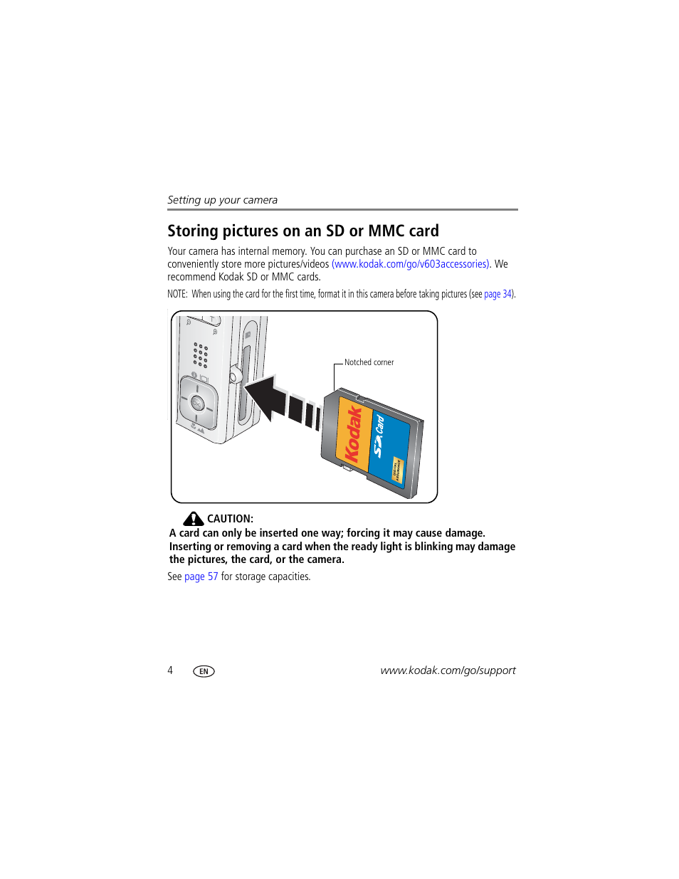 Storing pictures on an sd or mmc card | Kodak V603 User Manual | Page 10 / 76