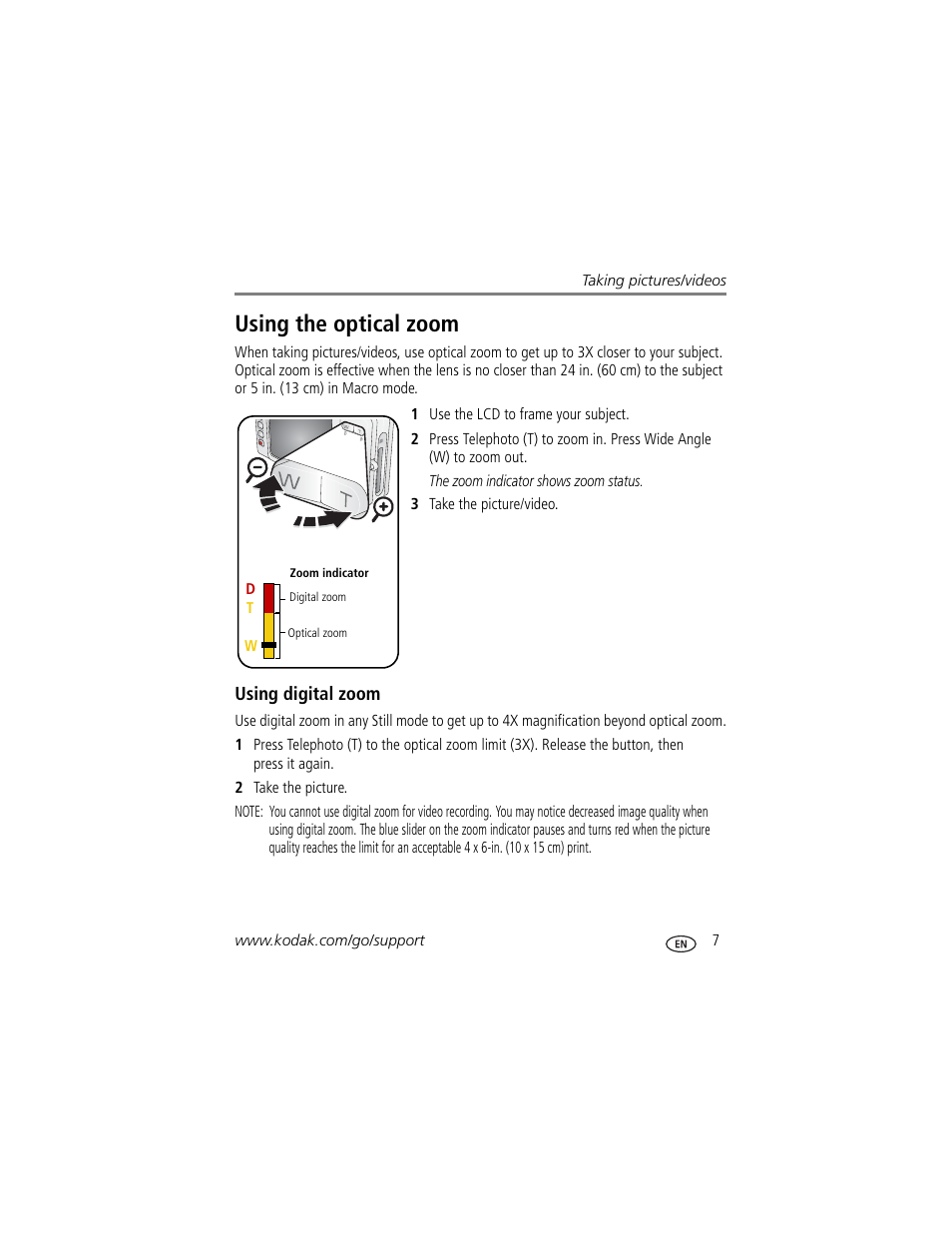 Using digital zoom, Using the optical zoom | Kodak V603 User Manual | Page 13 / 76