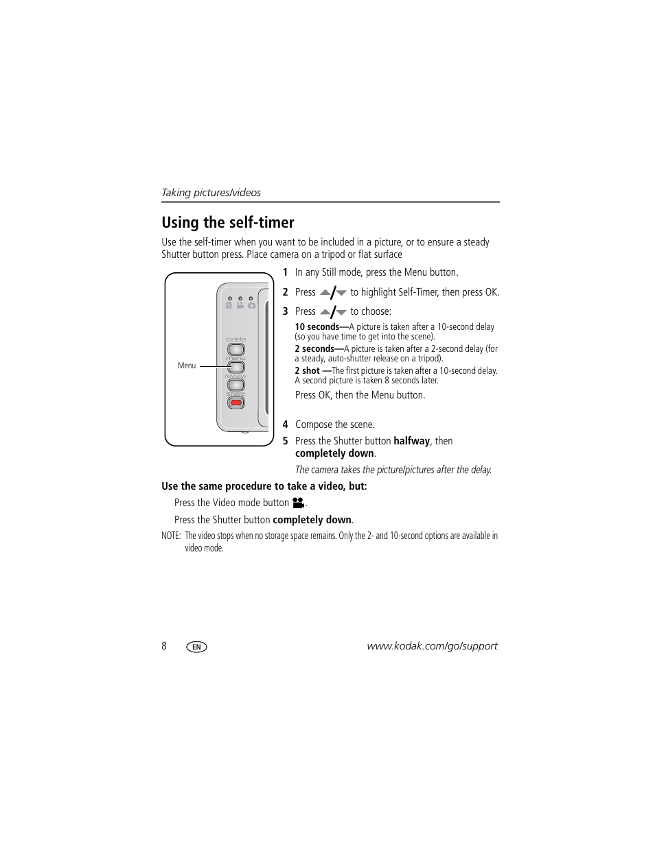 Using the self-timer | Kodak V603 User Manual | Page 14 / 76