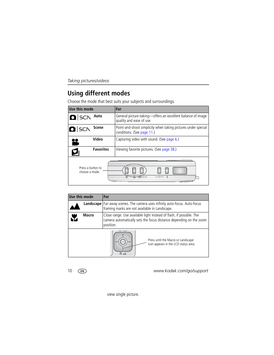 Using different modes | Kodak V603 User Manual | Page 16 / 76