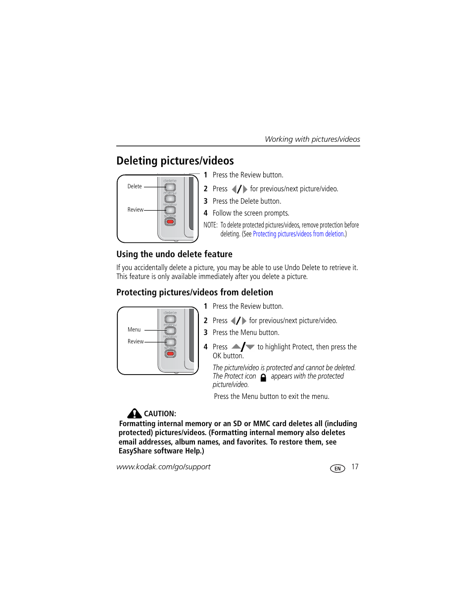 Deleting pictures/videos, Using the undo delete feature, Protecting pictures/videos from deletion | Kodak V603 User Manual | Page 23 / 76