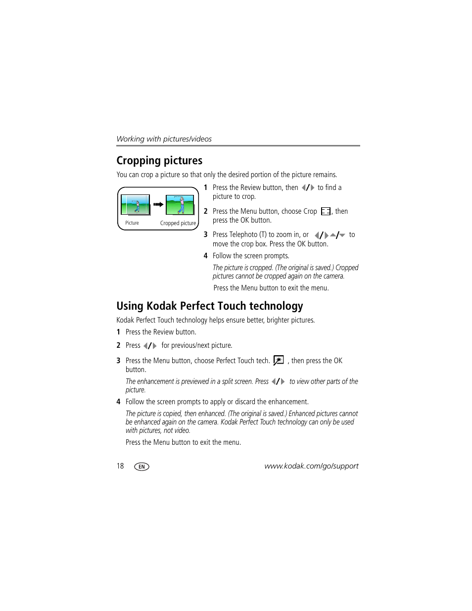 Using kodak perfect touch technology, Cropping pictures | Kodak V603 User Manual | Page 24 / 76