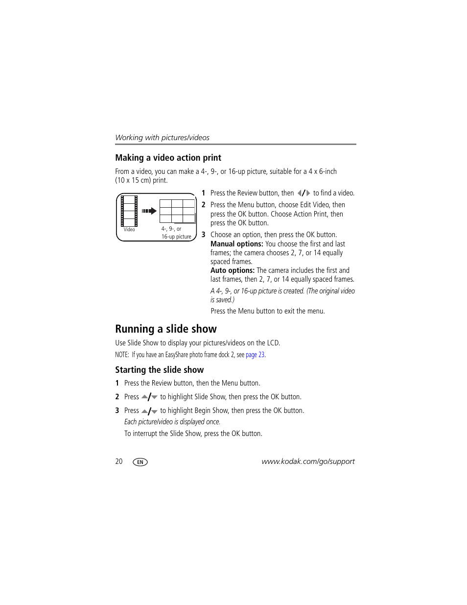 Running a slide show, Starting the slide show | Kodak V603 User Manual | Page 26 / 76