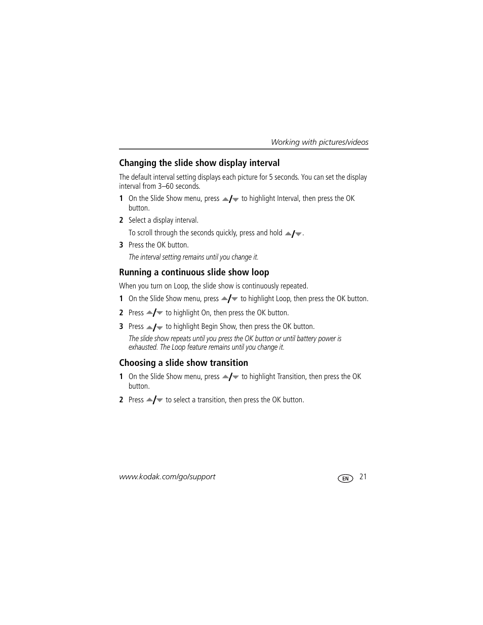 Changing the slide show display interval, Running a continuous slide show loop, Choosing a slide show transition | Kodak V603 User Manual | Page 27 / 76