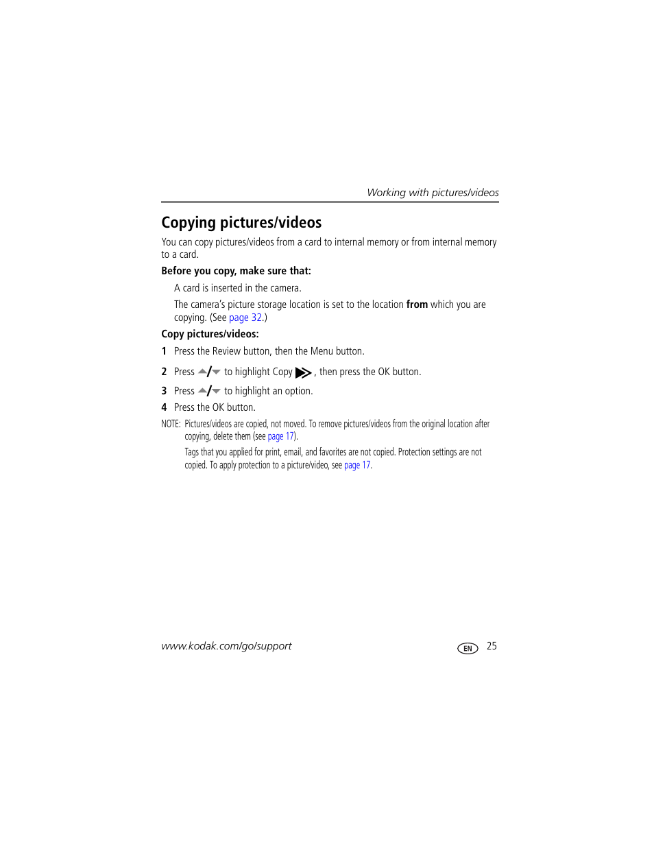 Copying pictures/videos | Kodak V603 User Manual | Page 31 / 76