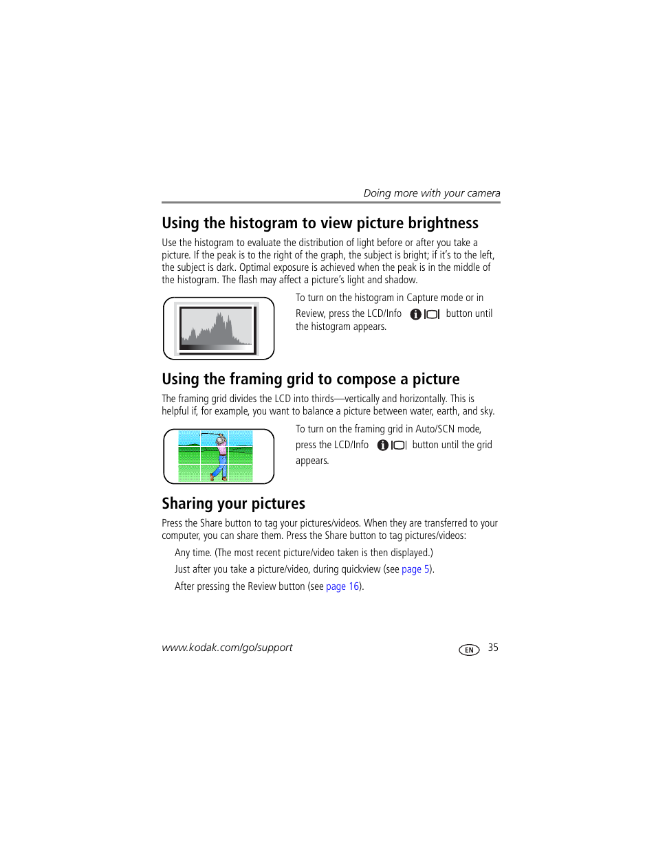 Using the histogram to view picture brightness, Using the framing grid to compose a picture, Sharing your pictures | Kodak V603 User Manual | Page 41 / 76