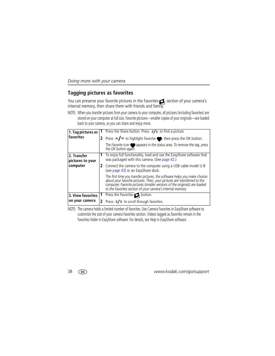 Tagging pictures as favorites | Kodak V603 User Manual | Page 44 / 76