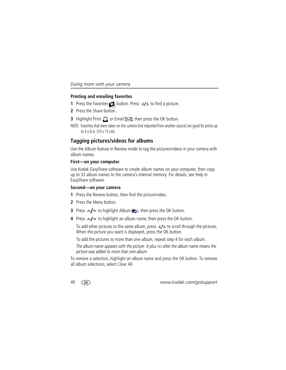 Tagging pictures/videos for albums, First-on your computer, Second-on your camera | Kodak V603 User Manual | Page 46 / 76