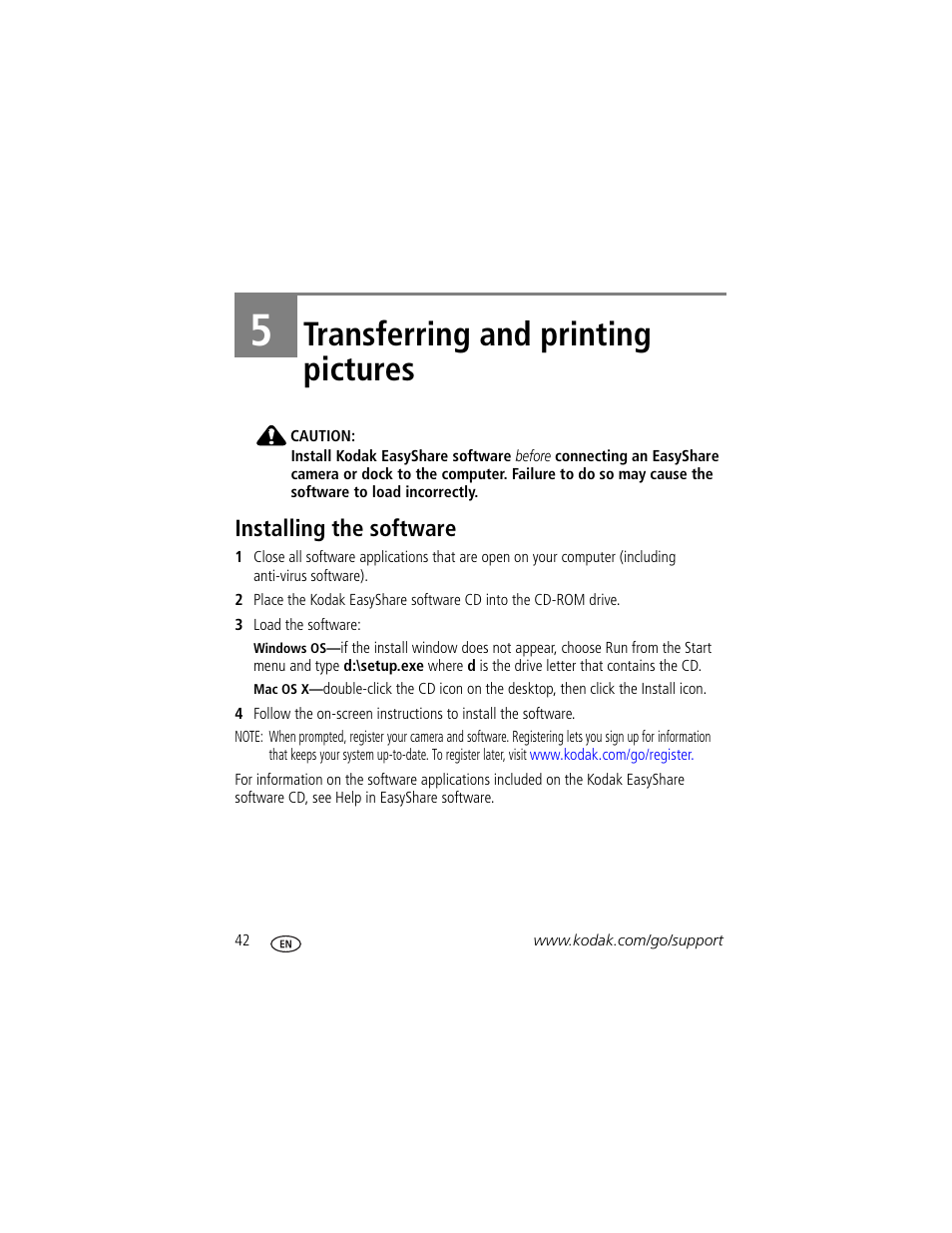 Transferring and printing pictures, Installing the software, 5 transferring and printing pictures | Kodak V603 User Manual | Page 48 / 76