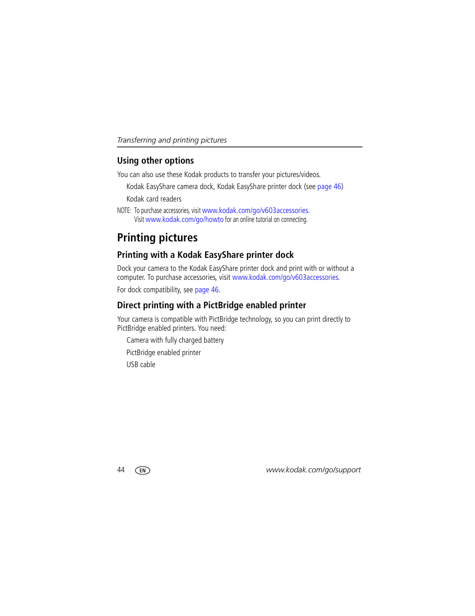 Printing pictures, Printing with a kodak easyshare printer dock, Direct printing with a pictbridge enabled printer | Kodak V603 User Manual | Page 50 / 76