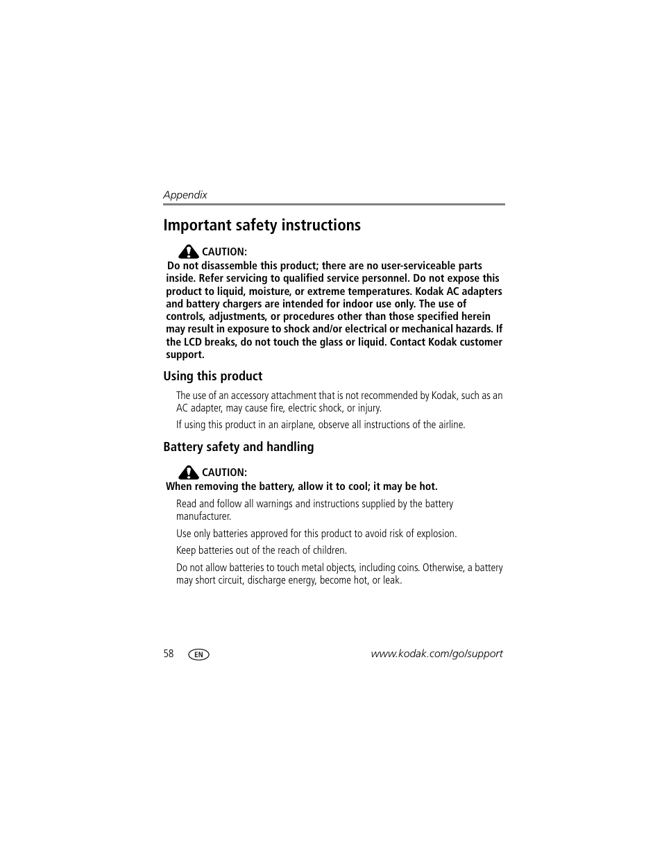 Using this product, Battery safety and handling, Important safety instructions | Kodak V603 User Manual | Page 64 / 76
