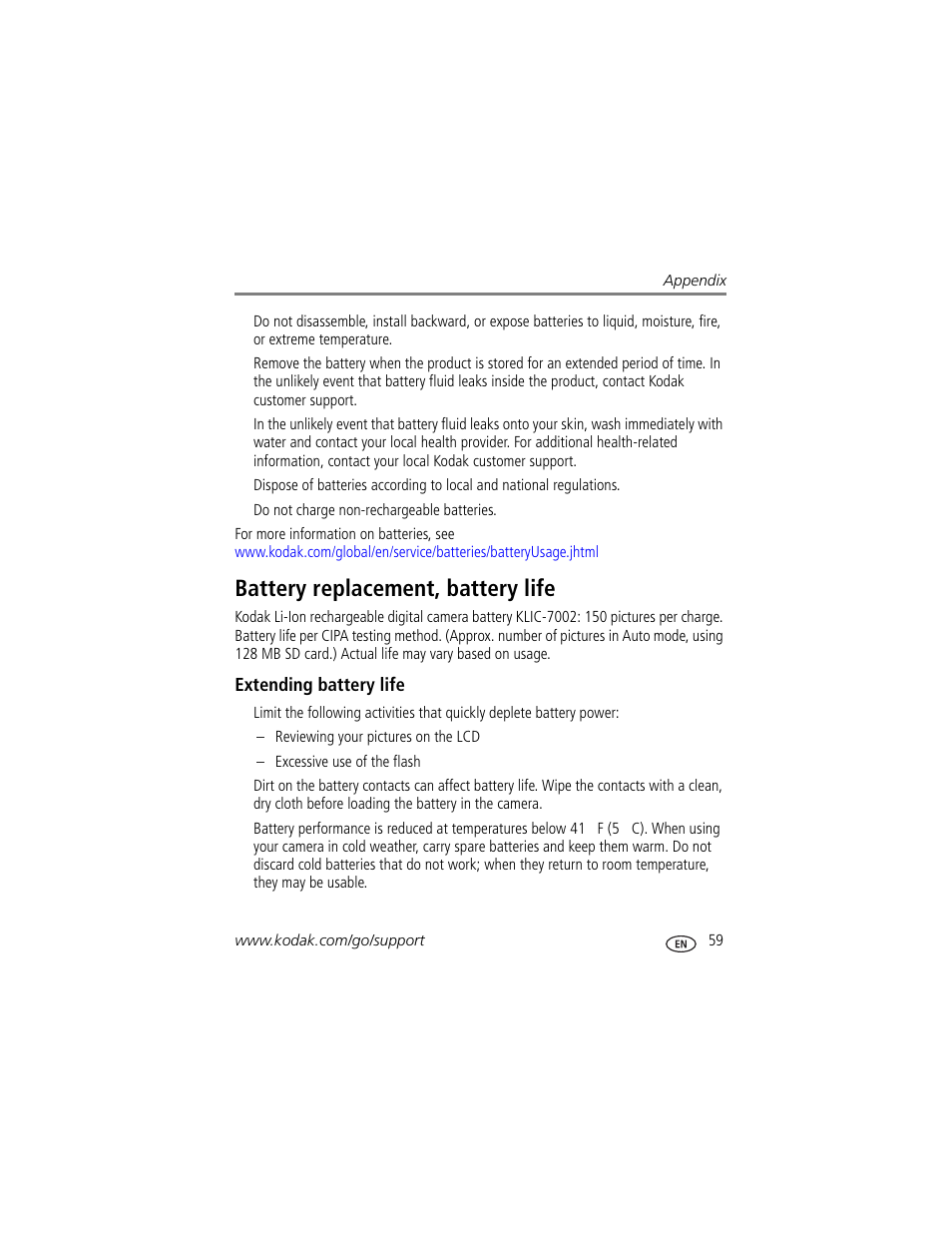 Battery replacement, battery life, Extending battery life, Alled | Kodak V603 User Manual | Page 65 / 76