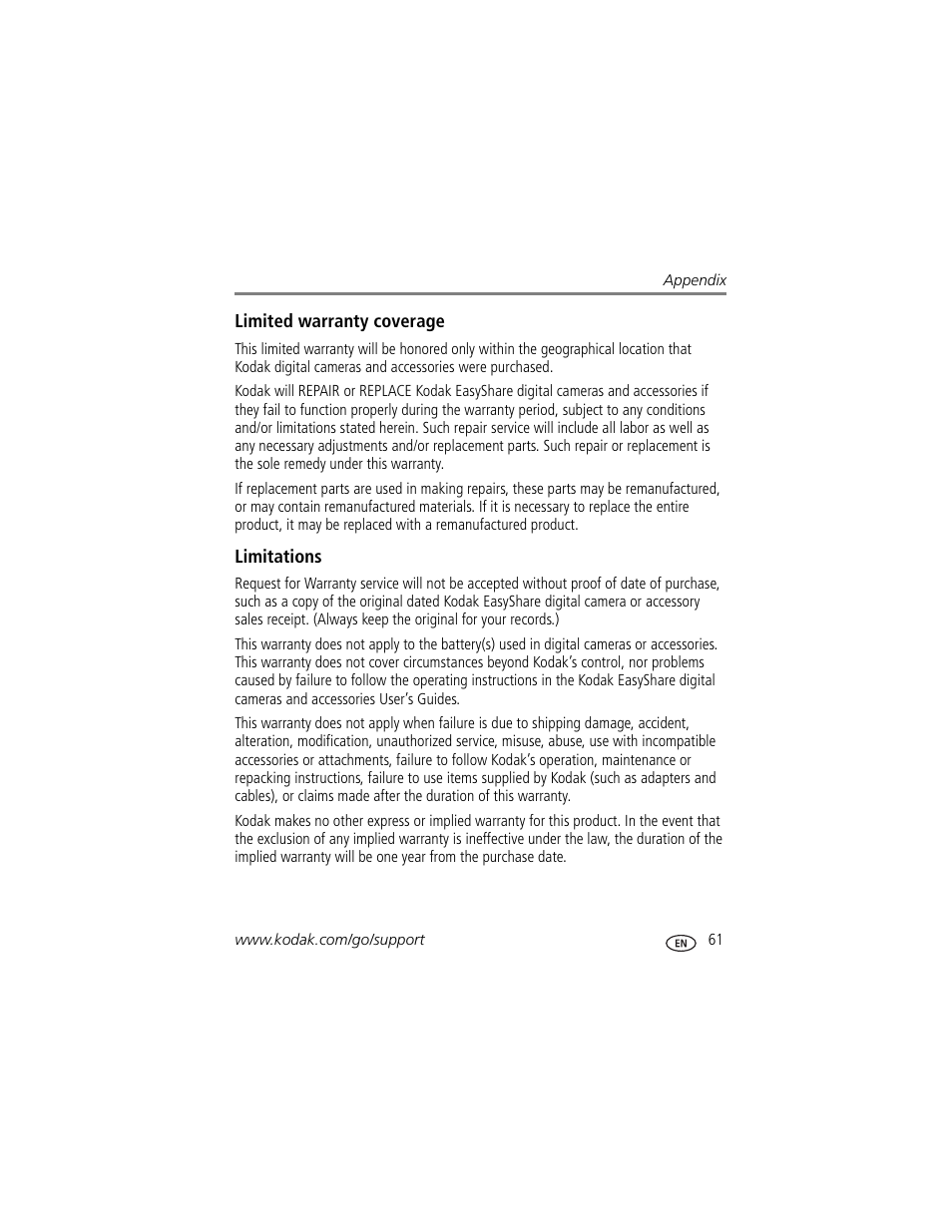Limited warranty coverage, Limitations | Kodak V603 User Manual | Page 67 / 76