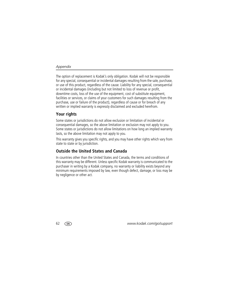 Your rights, Outside the united states and canada | Kodak V603 User Manual | Page 68 / 76