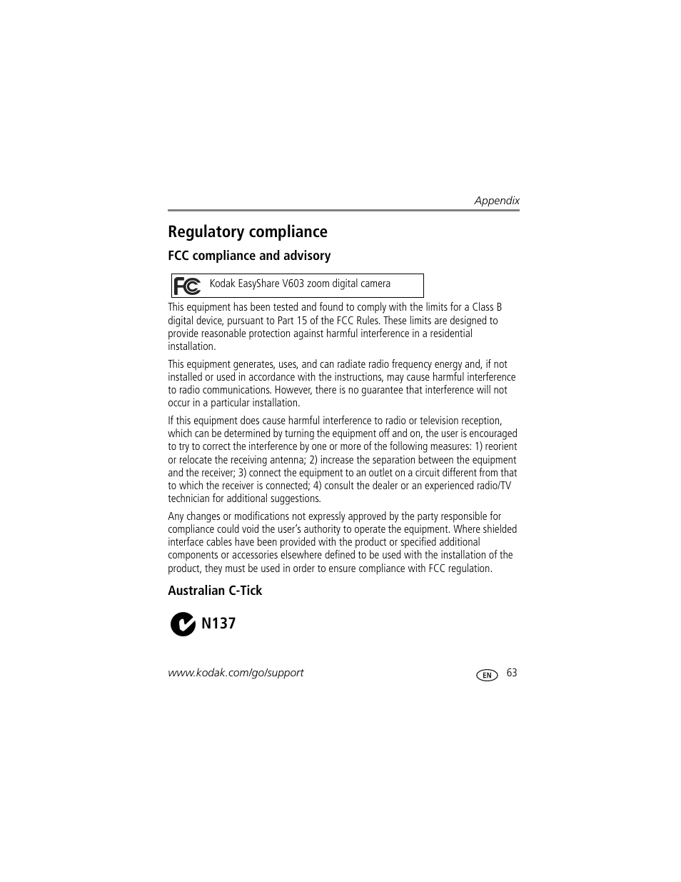 Fcc compliance and advisory, Australian c-tick, Regulatory compliance | N137 | Kodak V603 User Manual | Page 69 / 76