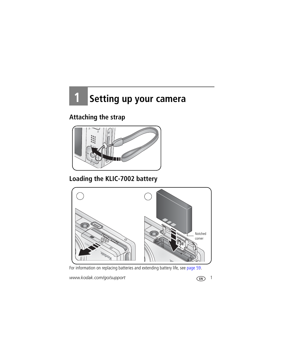 Setting up your camera, Attaching the strap, Loading the klic-7002 battery | 1 setting up your camera, Attaching the strap loading the klic-7002 battery | Kodak V603 User Manual | Page 7 / 76