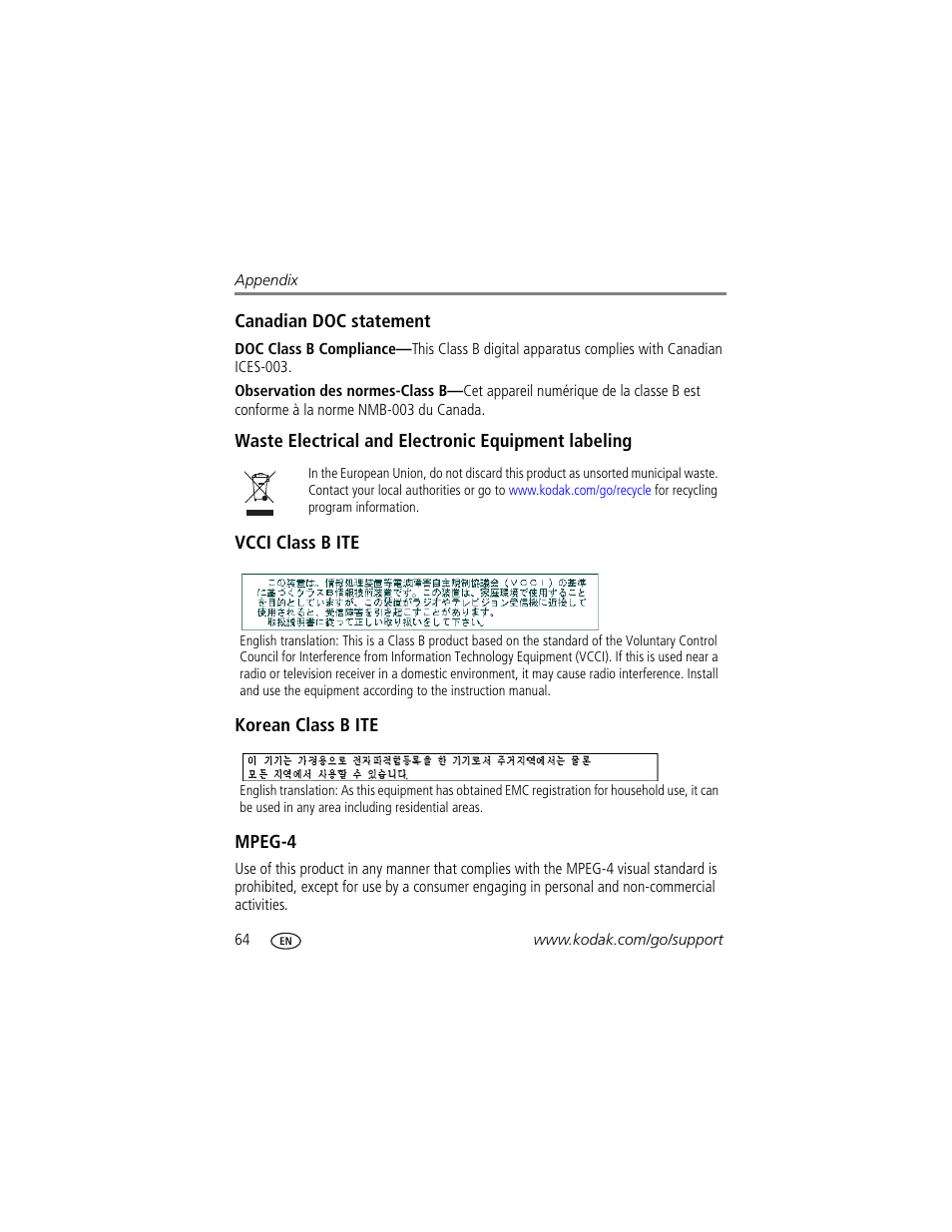 Waste electrical and electronic equipment labeling, Vcci class b ite, Korean class b ite | Mpeg-4 | Kodak V603 User Manual | Page 70 / 76