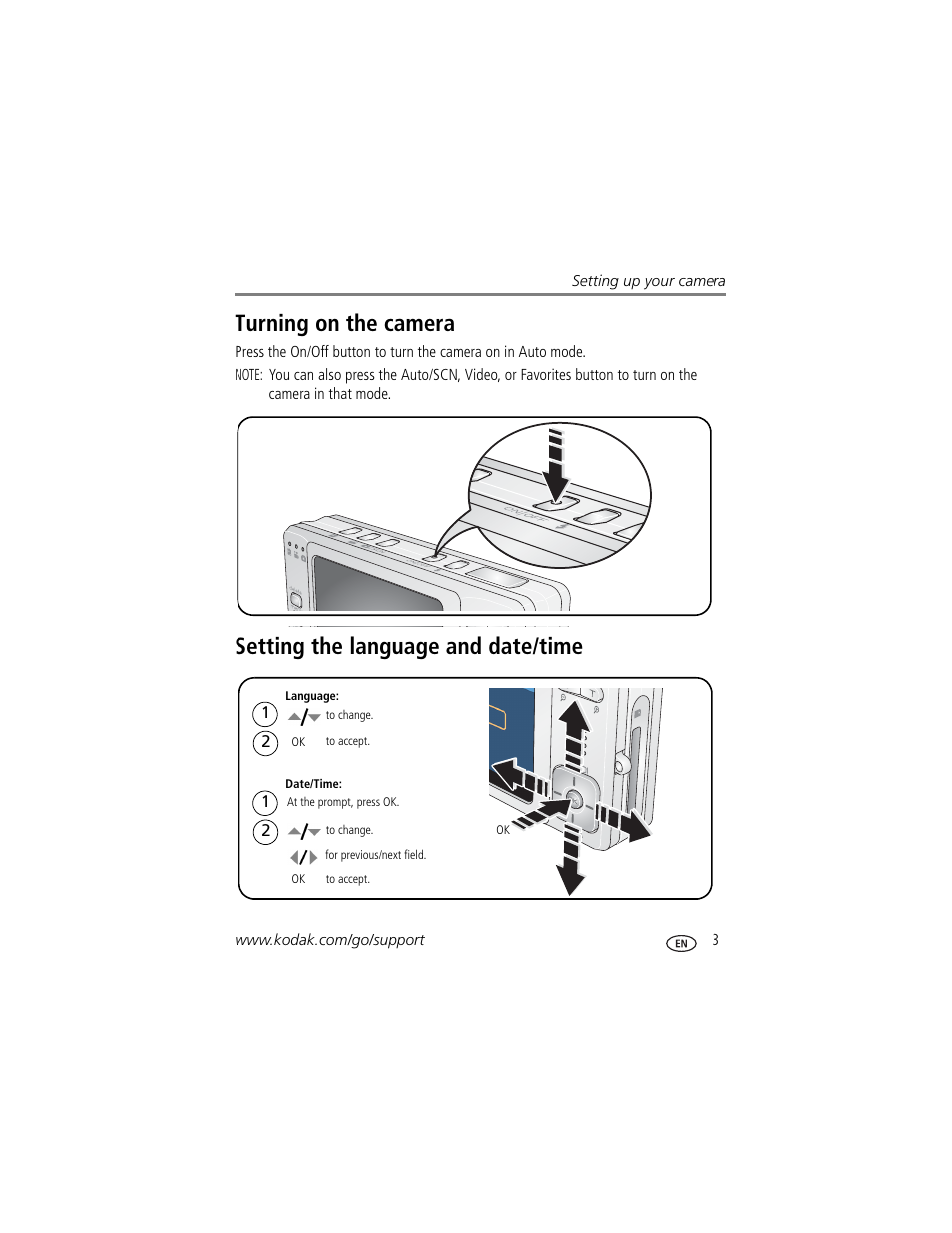 Setting the language and date/time, Turning on the camera | Kodak V603 User Manual | Page 9 / 76