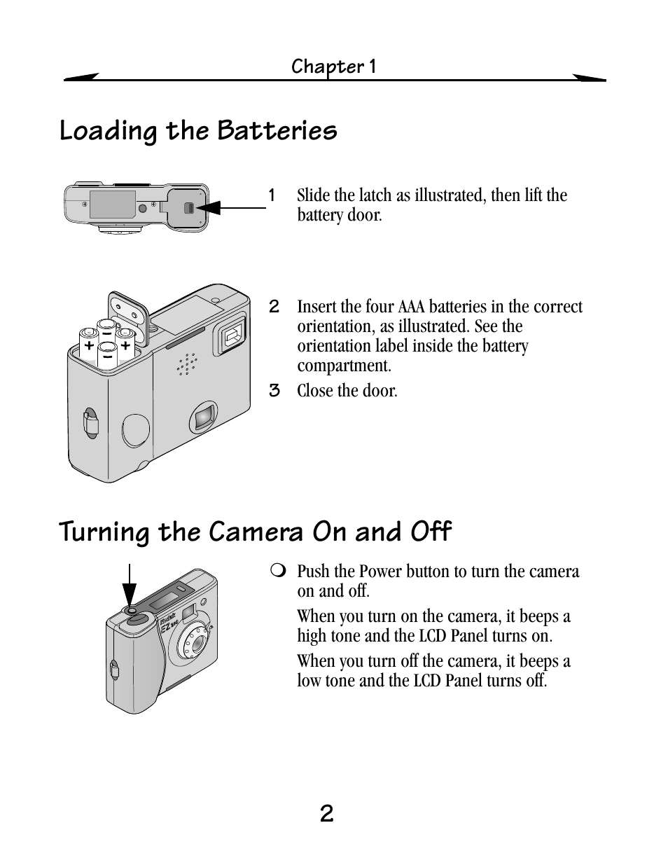 Loading the batteries, Turning the camera on and off | Kodak EZ200 User Manual | Page 18 / 81