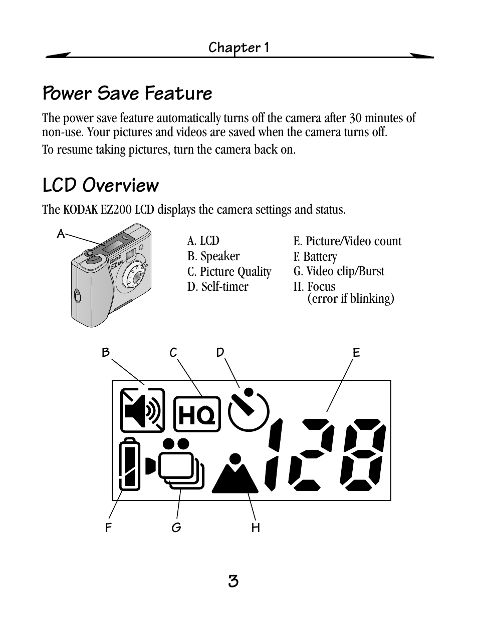 Power save feature, Lcd overview | Kodak EZ200 User Manual | Page 19 / 81