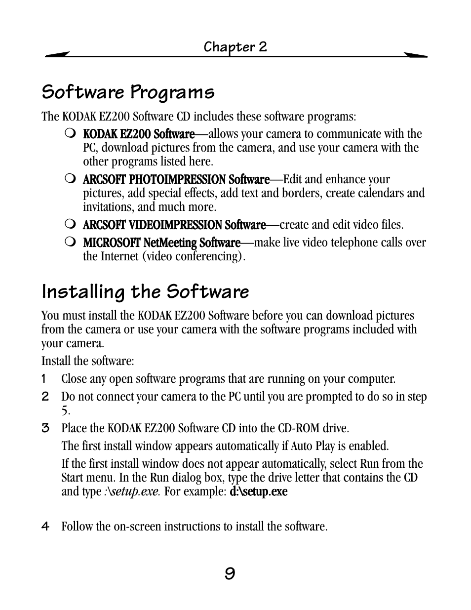 Software programs, Installing the software | Kodak EZ200 User Manual | Page 25 / 81