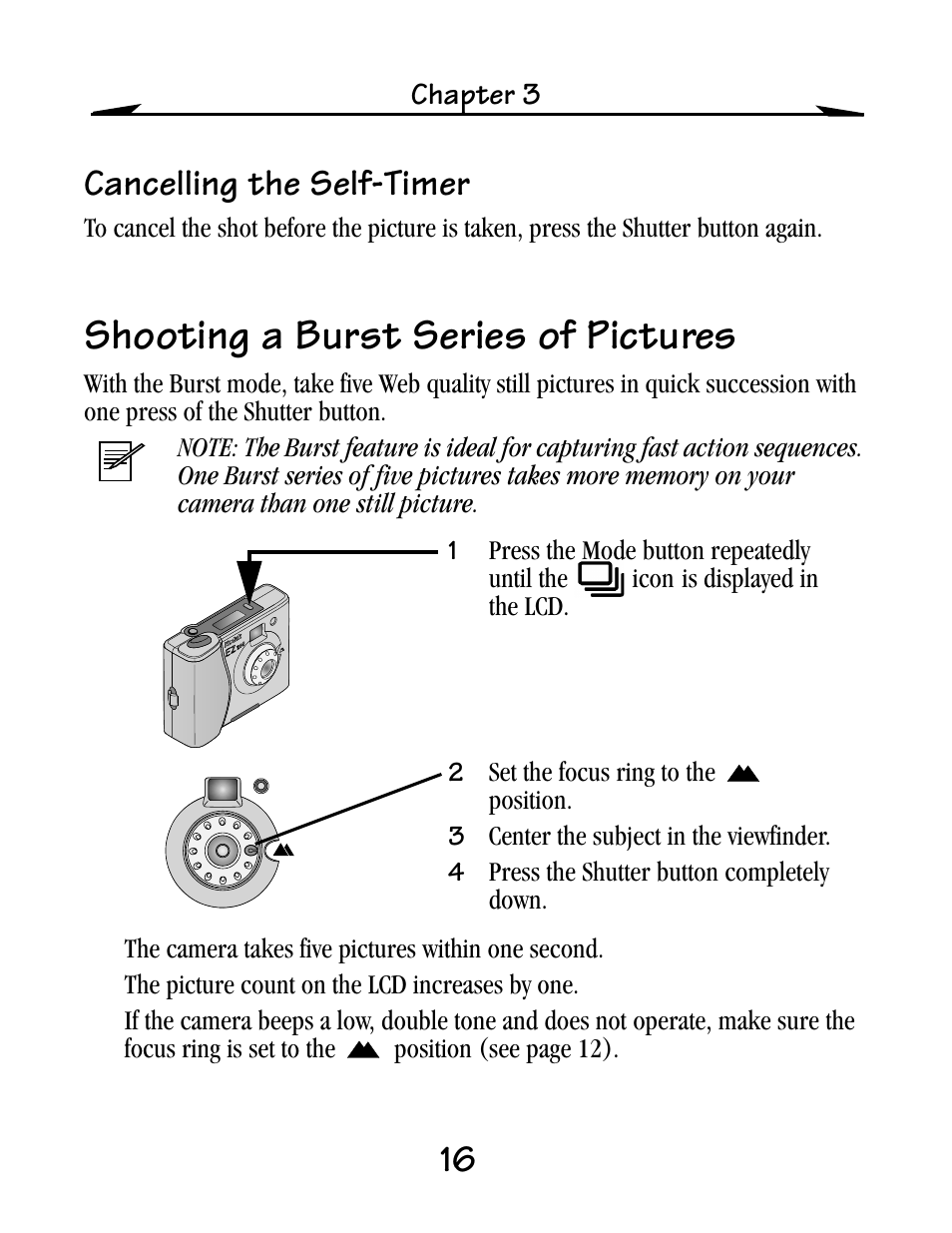 Cancelling the self-timer, Shooting a burst series of pictures | Kodak EZ200 User Manual | Page 32 / 81