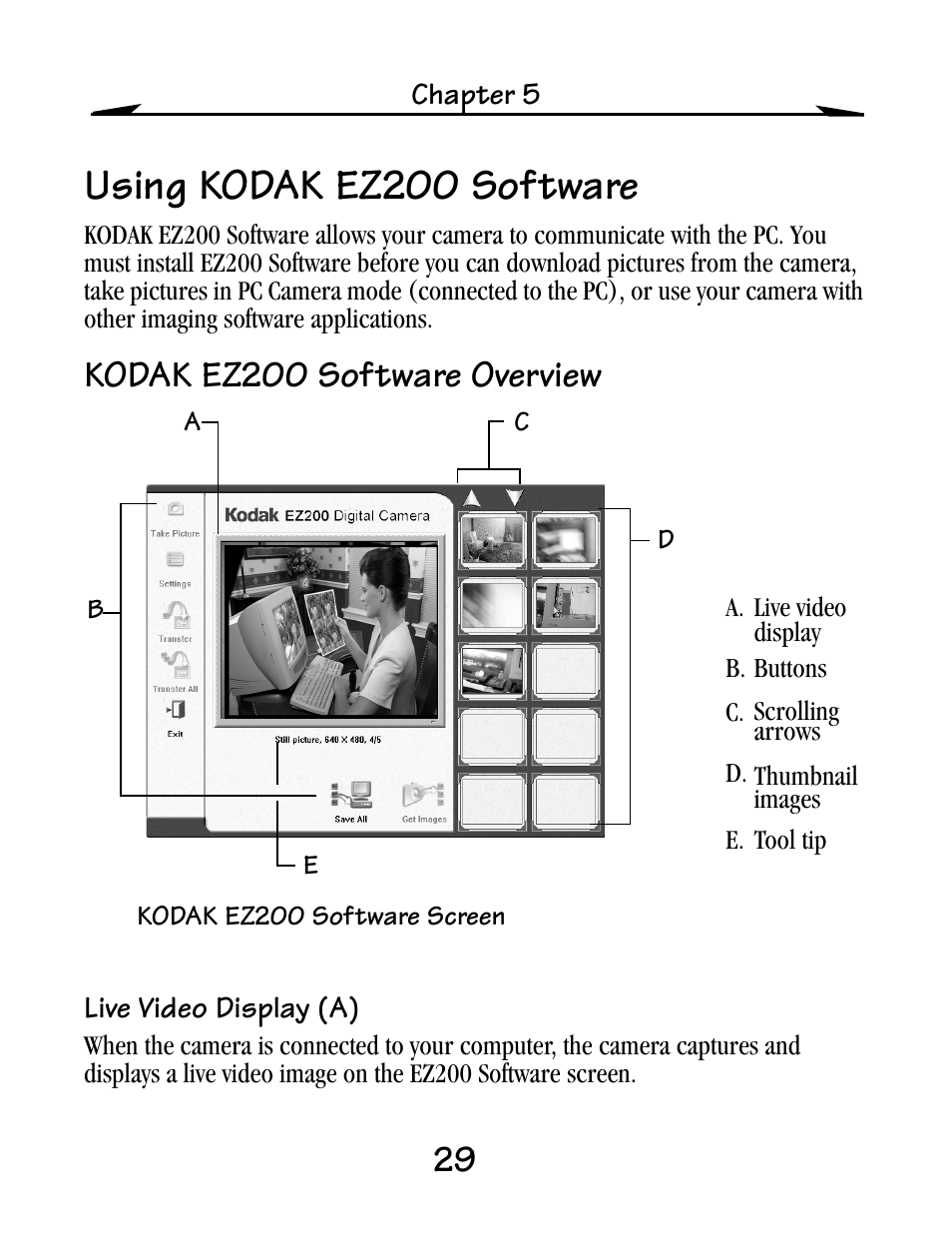 Using kodak ez200 software, Kodak ez200 software overview, Live video display (a) | Kodak EZ200 User Manual | Page 45 / 81