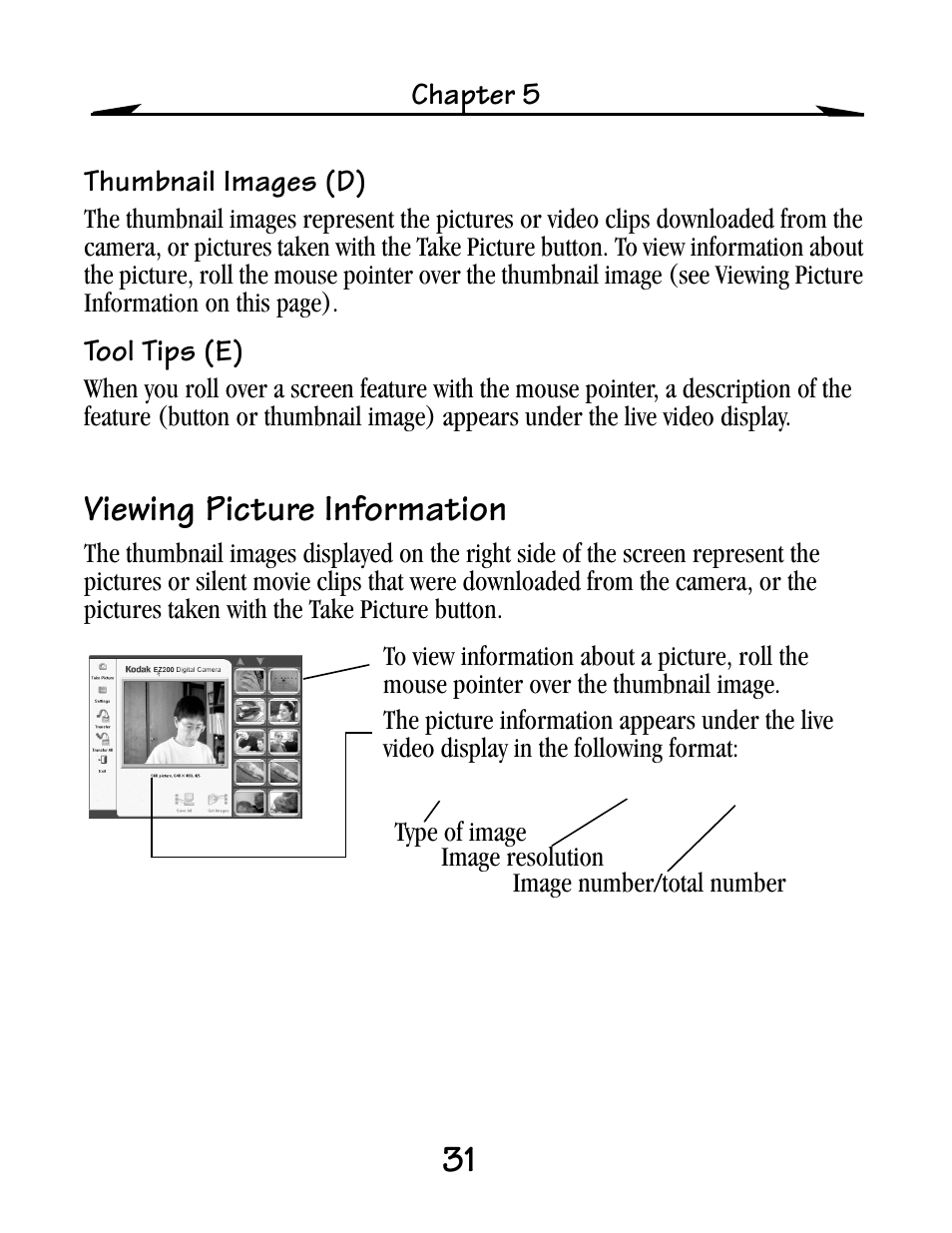 Thumbnail images (d), Tool tips (e), Viewing picture information | Kodak EZ200 User Manual | Page 47 / 81