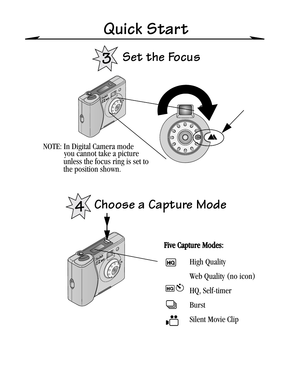 Set the focus, Choose a capture mode, Quick start | Set the focus choose a capture mode | Kodak EZ200 User Manual | Page 5 / 81