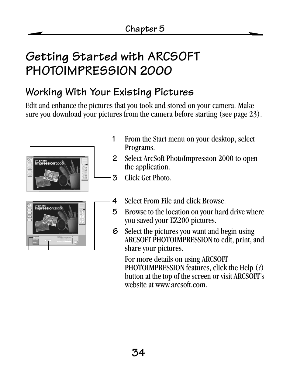Getting started with arcsoft photoimpression 2000, Working with your existing pictures | Kodak EZ200 User Manual | Page 50 / 81