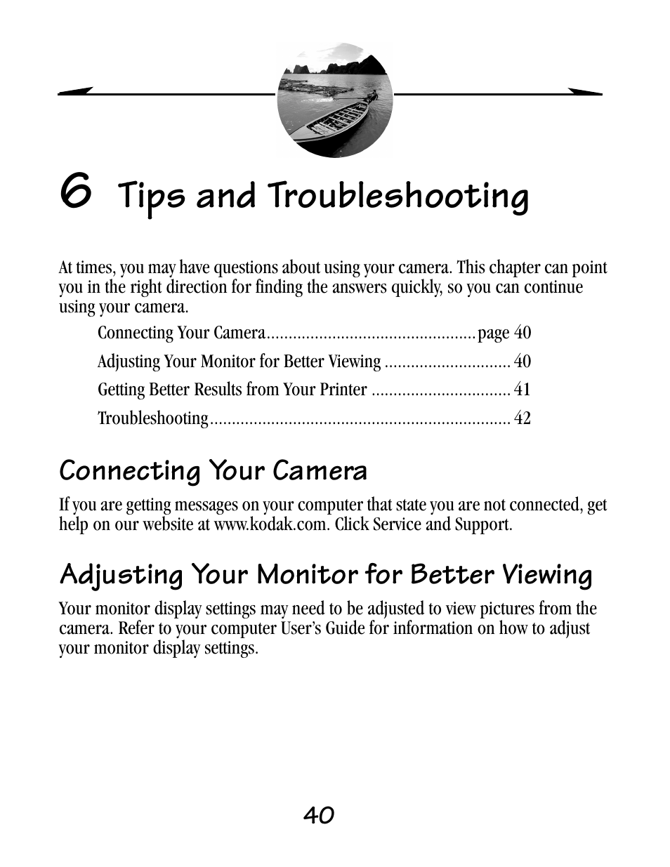 6 tips and troubleshooting, Connecting your camera, Adjusting your monitor for better viewing | Tips and troubleshooting | Kodak EZ200 User Manual | Page 56 / 81