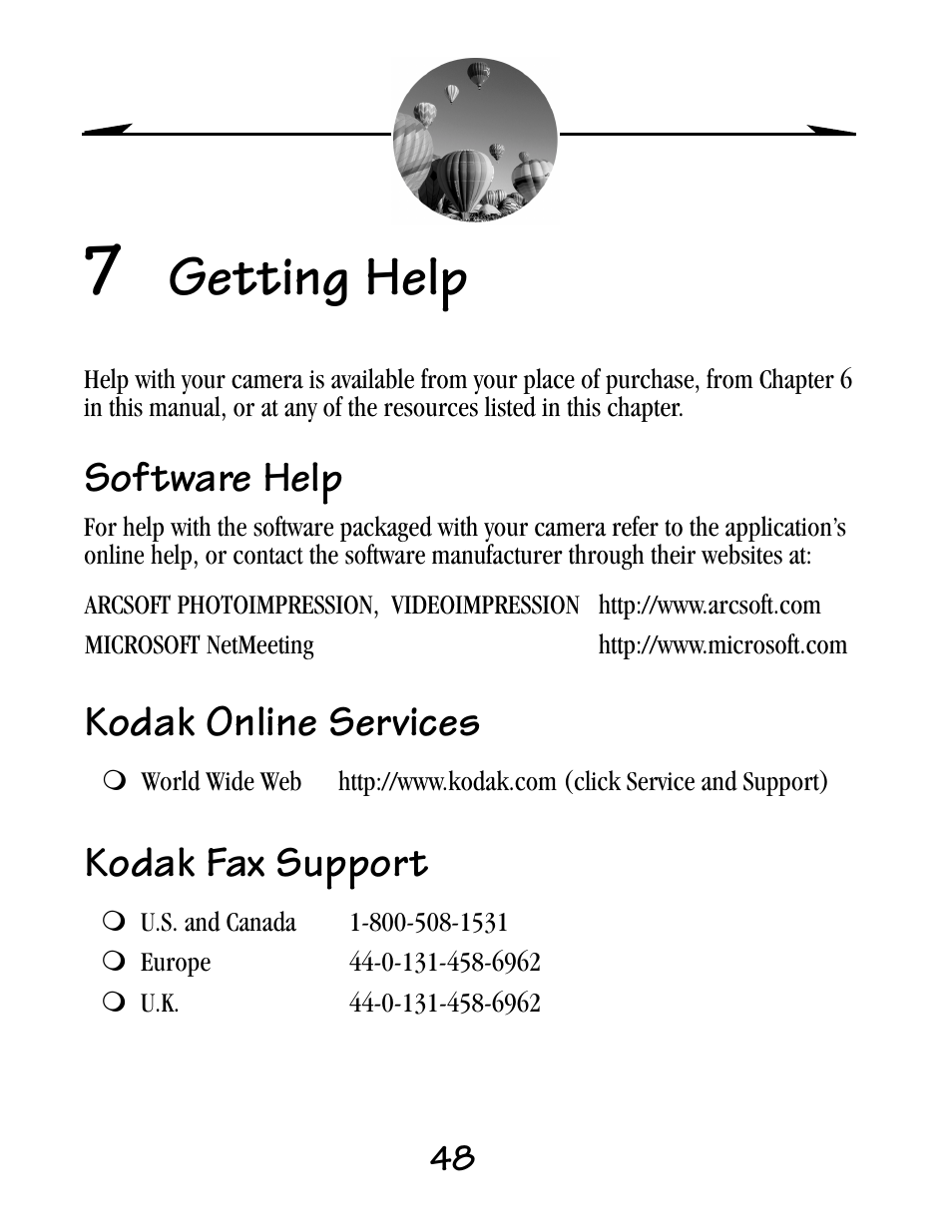 7 getting help, Software help, Kodak online services | Kodak fax support, Getting help, Kodak online services kodak fax support | Kodak EZ200 User Manual | Page 64 / 81