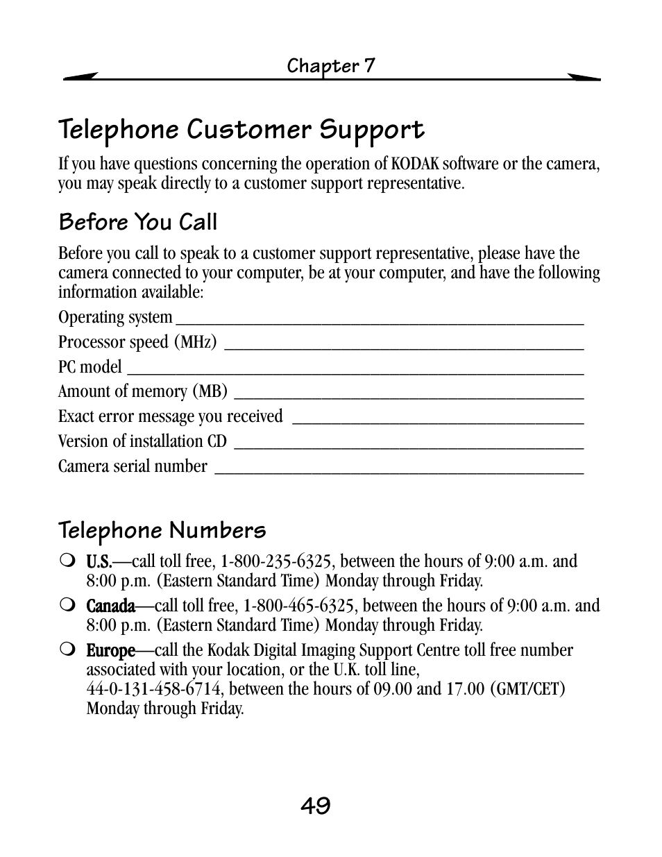 Telephone customer support, Before you call, Telephone numbers | Kodak EZ200 User Manual | Page 65 / 81