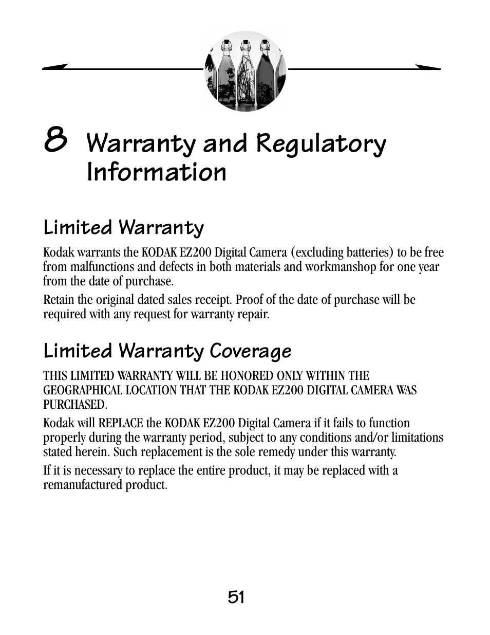 8 warranty and regulatory information, Limited warranty, Limited warranty coverage | Warranty and regulatory information | Kodak EZ200 User Manual | Page 67 / 81