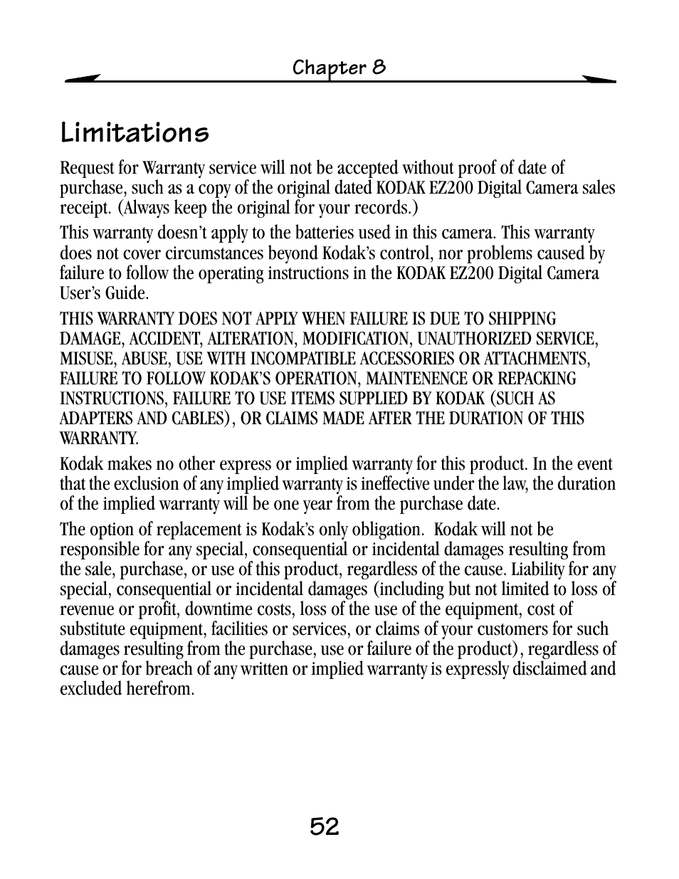 Limitations | Kodak EZ200 User Manual | Page 68 / 81