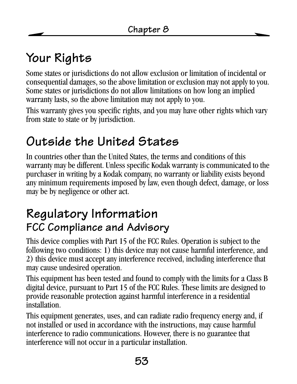 Your rights, Outside the united states, Regulatory information | Fcc compliance and advisory | Kodak EZ200 User Manual | Page 69 / 81