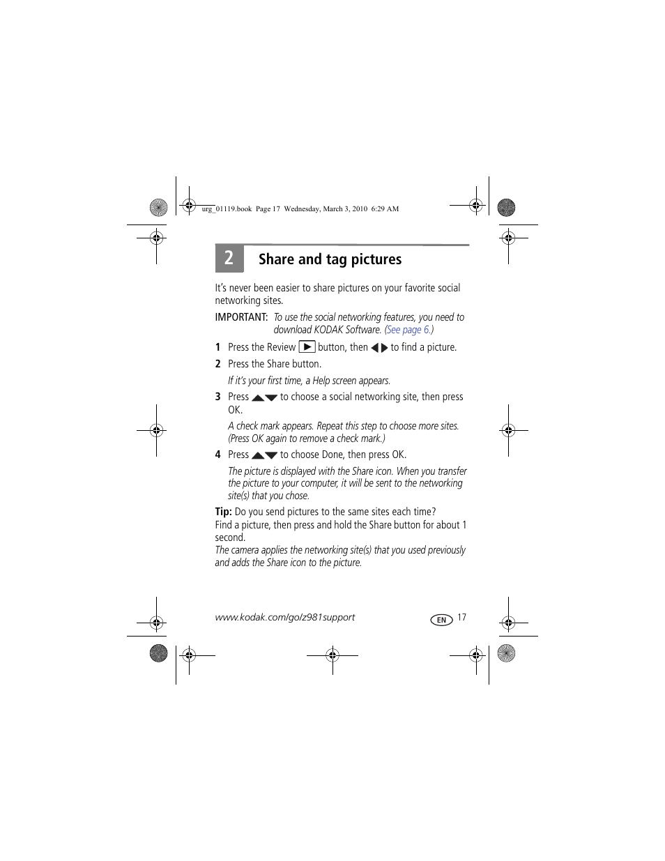 Share and tag pictures | Kodak Z981 User Manual | Page 17 / 29