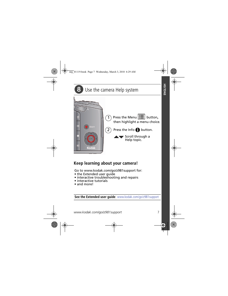 Use the camera help system | Kodak Z981 User Manual | Page 7 / 29