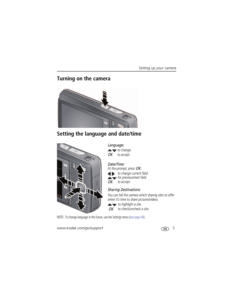 Setting the language and date/time | Kodak MD55 User Manual | Page 11 / 70