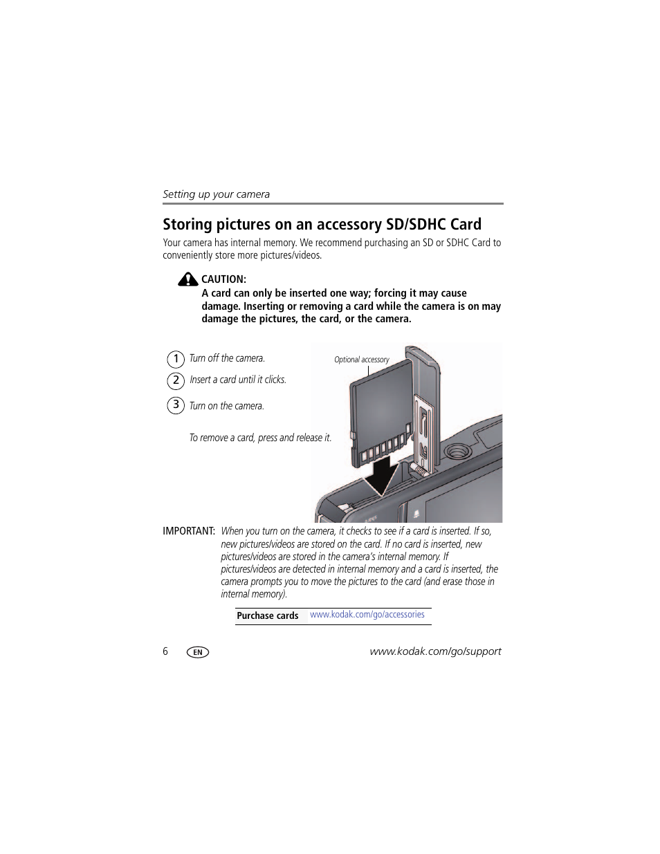 Storing pictures on an accessory sd/sdhc card | Kodak MD55 User Manual | Page 12 / 70