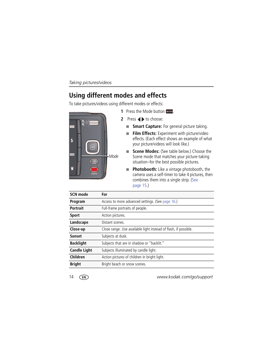 Using different modes and effects | Kodak MD55 User Manual | Page 20 / 70