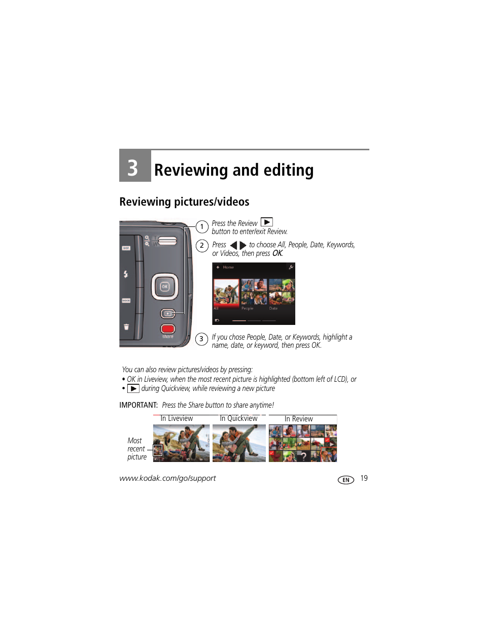 Reviewing and editing, Reviewing pictures/videos, 3 reviewing and editing | Kodak MD55 User Manual | Page 25 / 70