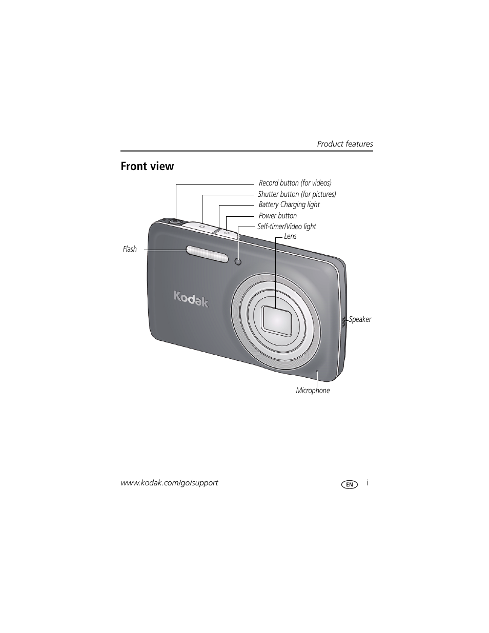 Product features, Front view | Kodak MD55 User Manual | Page 3 / 70