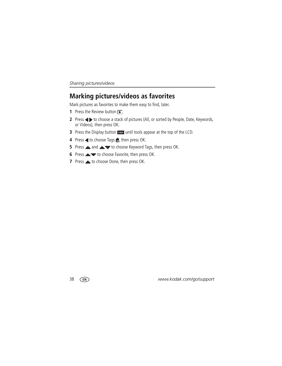 Marking pictures/videos as favorites | Kodak MD55 User Manual | Page 44 / 70