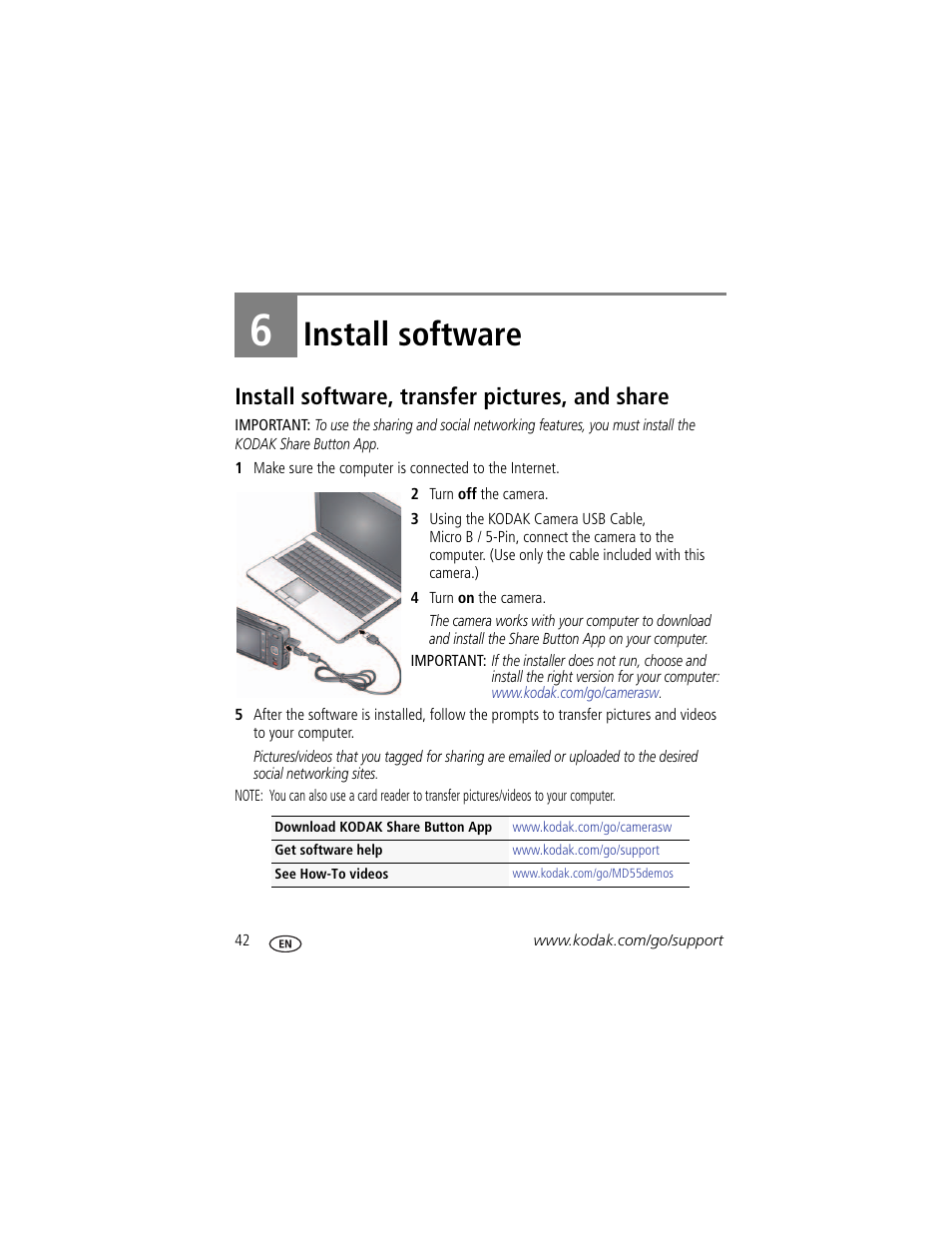 Install software, Install software, transfer pictures, and share, 6 install software | Kodak MD55 User Manual | Page 48 / 70