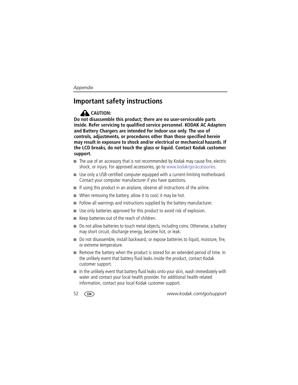 Important safety instructions | Kodak MD55 User Manual | Page 58 / 70