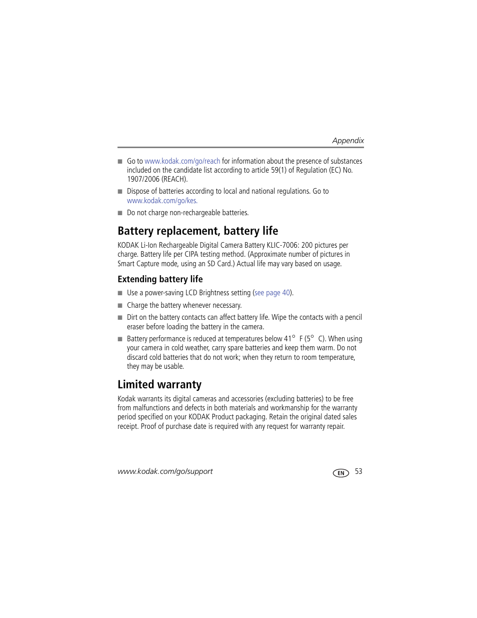 Battery replacement, battery life, Extending battery life, Limited warranty | Battery replacement, battery life limited warranty | Kodak MD55 User Manual | Page 59 / 70